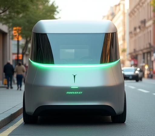 Sleek front view of a Verdant Swift branded electric delivery van, ready for service in New York