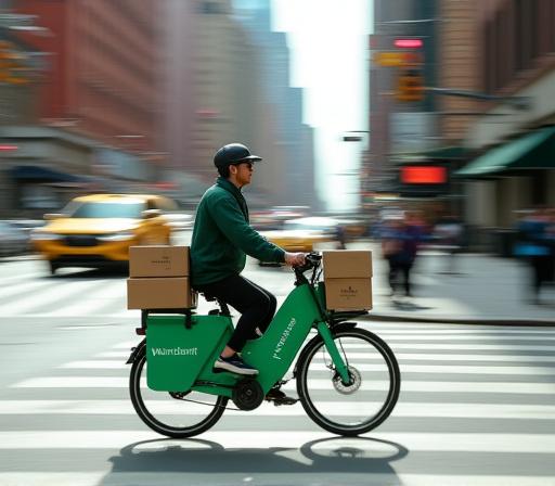 Courier on electric bike navigating bustling New York street